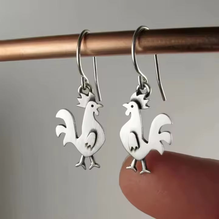 Pendientes Colgantes De Animal Retro En Color Plateado Forma De Pollo Para Mujeres Accesorios Diarios Joyas Para Fiesta De Año Nuevo - 1