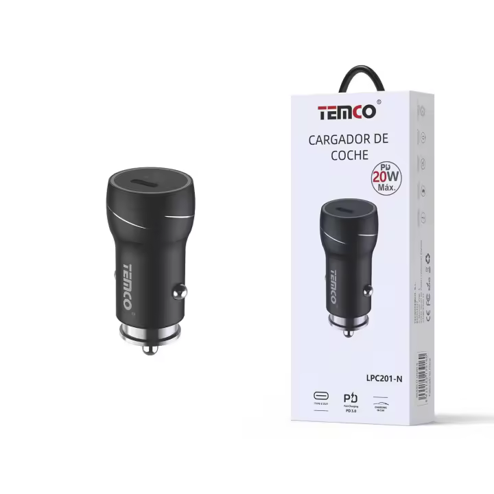 TEMCO Cargador de Coche con Salida Tipo C, Cargador Mechero Carga Super Rapido PD 20W Negro y Plateado, Sin Cable o con cable Lighiting o con cable tipo C - 1