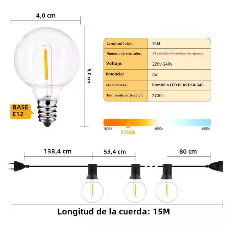 Cadena De Luces LED G40 36 M Exterior Con 64 Luces De Plástico Para Jardines Bodas Fiestas Terrazas Instalación Autónoma Impermeable - 1