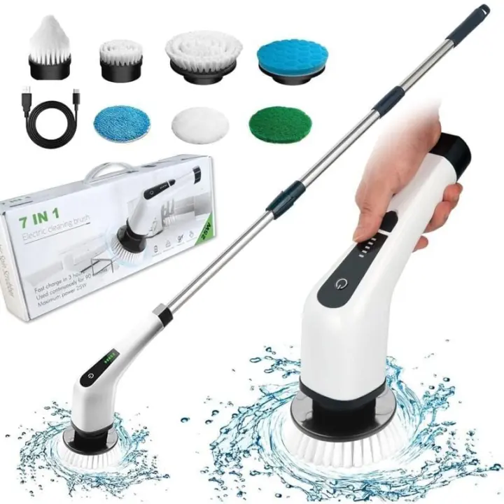 Cepillo de limpieza eléctrico inalámbrico, cepillo de limpieza inalámbrico con 7 cabezales de cepillo reemplazables, fregona eléctrica con mango ajustable para baño, cocina, cepillo de limpieza de coche - 1
