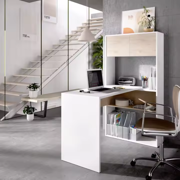 Escritorio Flexo con estante + armario blanco/natural 141x105x70 cm - 1