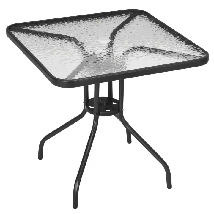 Outsunny Mesa de Jardín Cuadrada Mesa de Comedor Exterior 76x76x72 cm con Agujero para Sombrilla y Encimera de Vidrio Templado para Patio Terraza Negro - 1