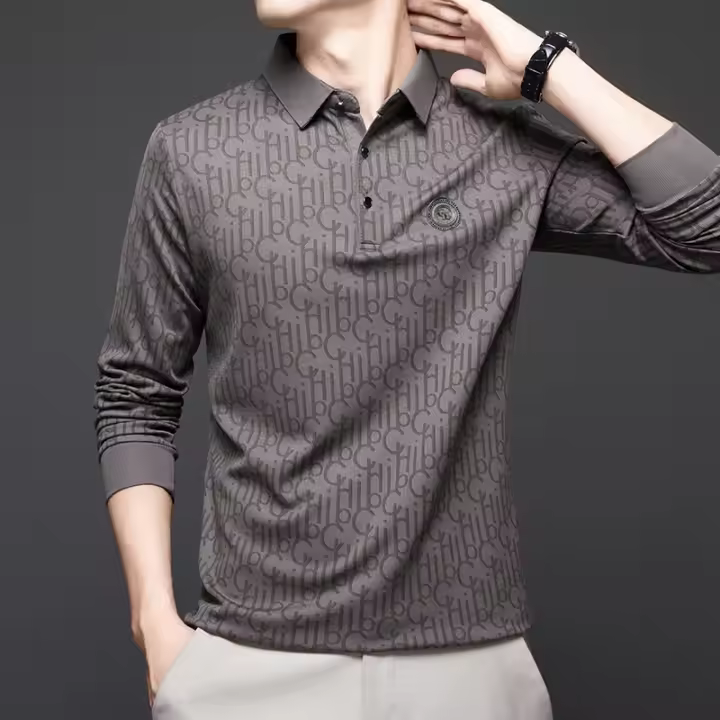 Camisa Polo Para Hombre Casual Larga Con Insignia De Color Sólido Moda Transpirable Cómoda Versátil Top Poliéster Cuatro Estaciones - 1