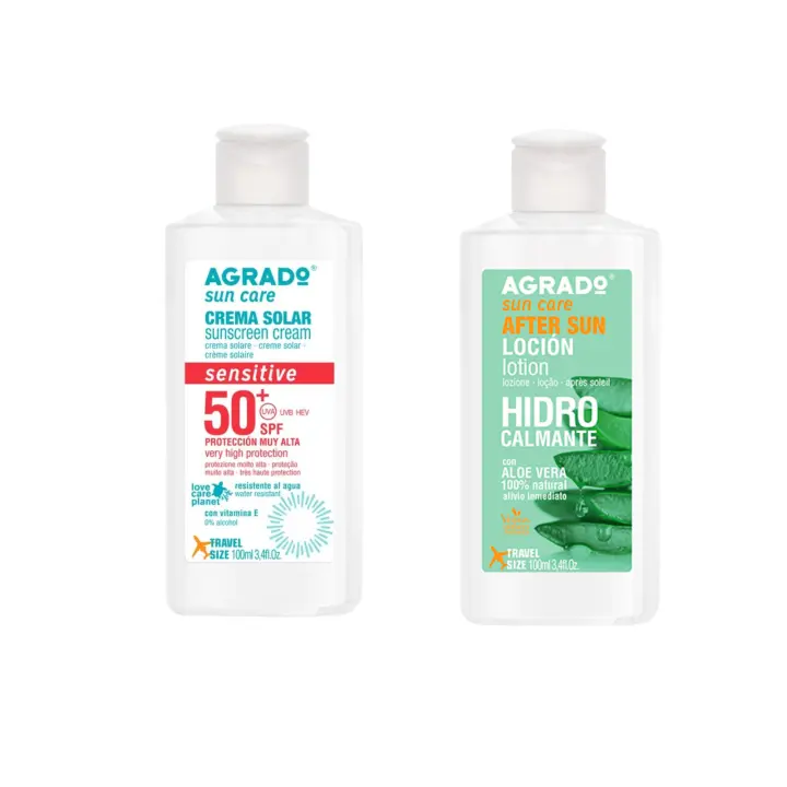AGRADO Pack Solar SPF50+ y After Sun | Crema Facial Alta Protección + Loción Hidrocalmante | Aloe Vera Natural | Rápida Absorción | Alivio e Hidratación Post-Sol | 2x100 ml - 1