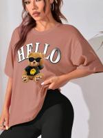 Camiseta De Verano Para Mujeres Casual Con Hombros Caídos Y Mangas Cortas Estampado De Letras Y Oso Suelto Y Versátil Moda 2024 - details 4