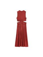 Vestidos Midi Elegantes De Verano Para Mujer 2025 Estilo Vintage De Satén Sólido Con Pliegues Y Salidas Hollow out Vestimenta Urbanita - details 1