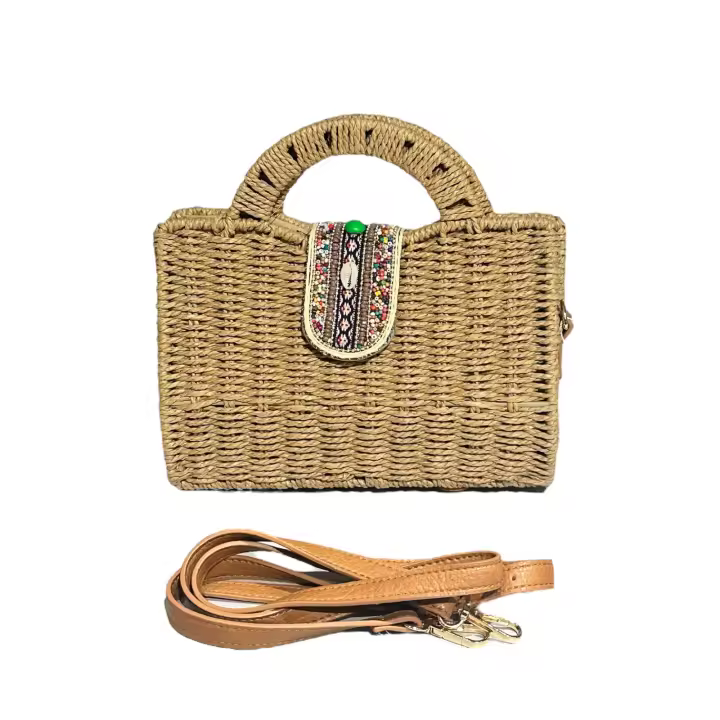 Bolso de mano de paja tejido de mimbre de ratán con asa de bambú de imitación para mujer, para verano, playa, con bandolera, colores a elegir - 1
