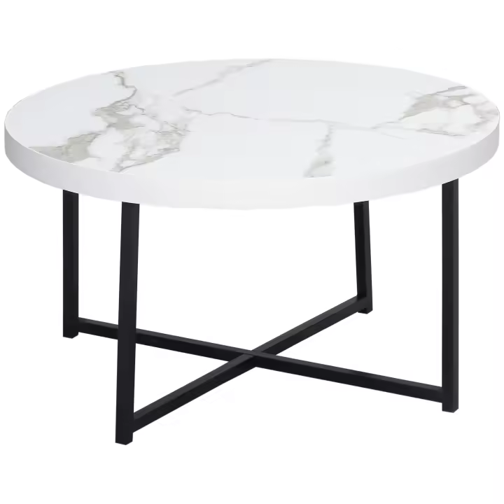 HOMCOM Mesa de Centro Mesa de Salón Redondo con Encimera Símil Mármol y Marco de Metal para Oficina Dormitorio Comedor Estilo Moderno 80x80x45 cm Blanco - 1