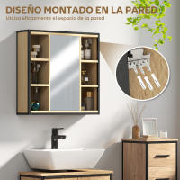 HOMCOM Armario de Baño con Espejo Armario de Pared Mueble de Baño con Estante Ajustable y 6 Compartimentos Abiertos 60x16x58,5 cm Roble - details 3