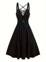 Vestido Gótico De Tamaño a Con Cierre Cruzado En V Profundo Color Sólido Cintura Alta Vestido De Verano Para Mujeres - details 0