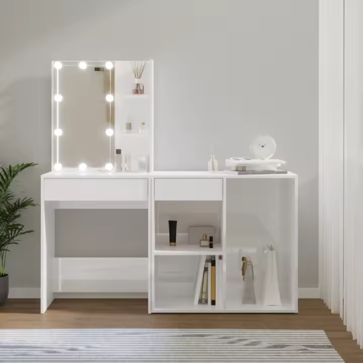 vidaXL Tocador con LED y armario madera contrachapada blanco brillante - 1