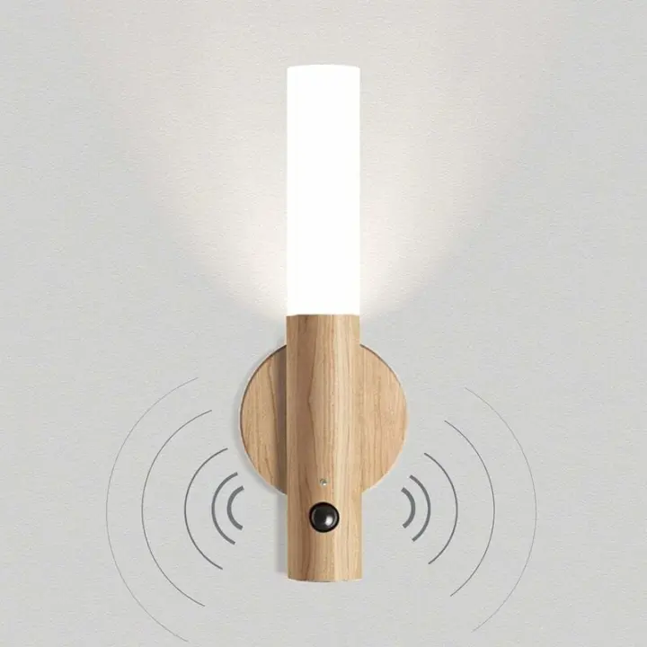 Lámpara de pared LED de Madera, funciona con Pilas, recargable por USB, sensor de Movimiento, Luz Nocturna - 1