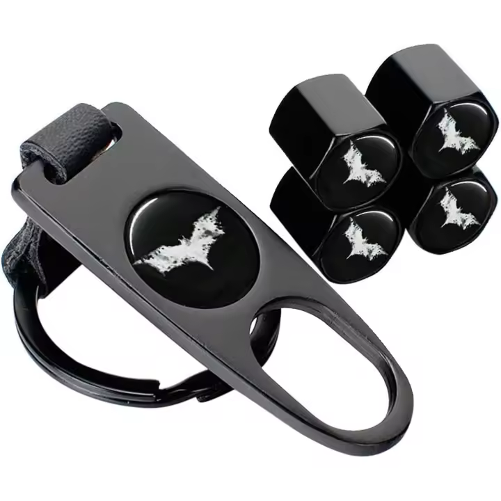 Tapas antipolvo para válvulas de neumáticos de murciélago (4 piezas) con llavero con llave (1 pieza) Tapas universales para válvulas de ruedas de neumáticos con anillo de sellado - 1