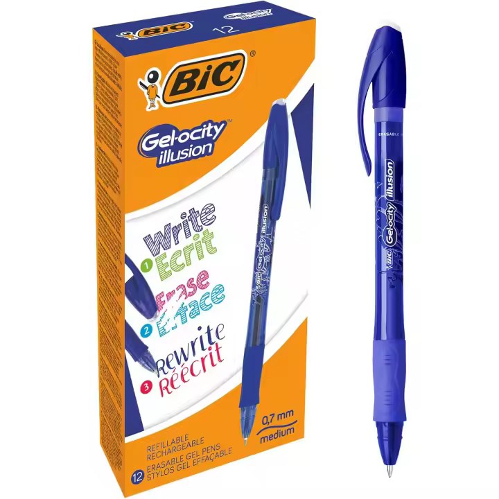 BIC Illusion Bolígrafos Borrables y Recargables de Punta Media 0,7mm Tinta Azul (Caja de 12 Uds.) - 1