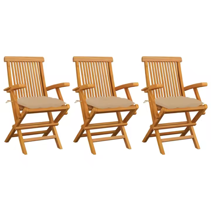 vidaXL Sillas de jardín 3 uds madera maciza de teca con cojines beige - 1