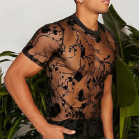 Camiseta De Hombre Para Verano Con Diseño De Encaje Y Rosas Suéter De Punto Corto Estilo Callejero O-Neck Suave Y Transpirable - details 3