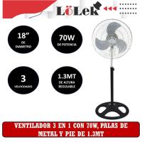 Ventilador de Pie 3 en 1 LoLek, Diámetro de 18", 70W de Potencia, Altura Ajustable 1.3 m, Apto para Escritorio y Pared, Base Anticaídas, Adaptadores Incluidos, 3 Velocidades, Ventilación Silenciosa y Eficiente para Hogar u Oficina - details 0