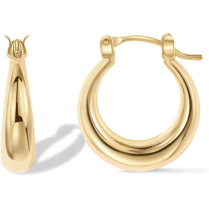 14K chapados en oro plata de ley publicaciones Oval Chunky Hoop ganancias para mujeres-declaración de moda aros de oro grueso-pendientes - 1