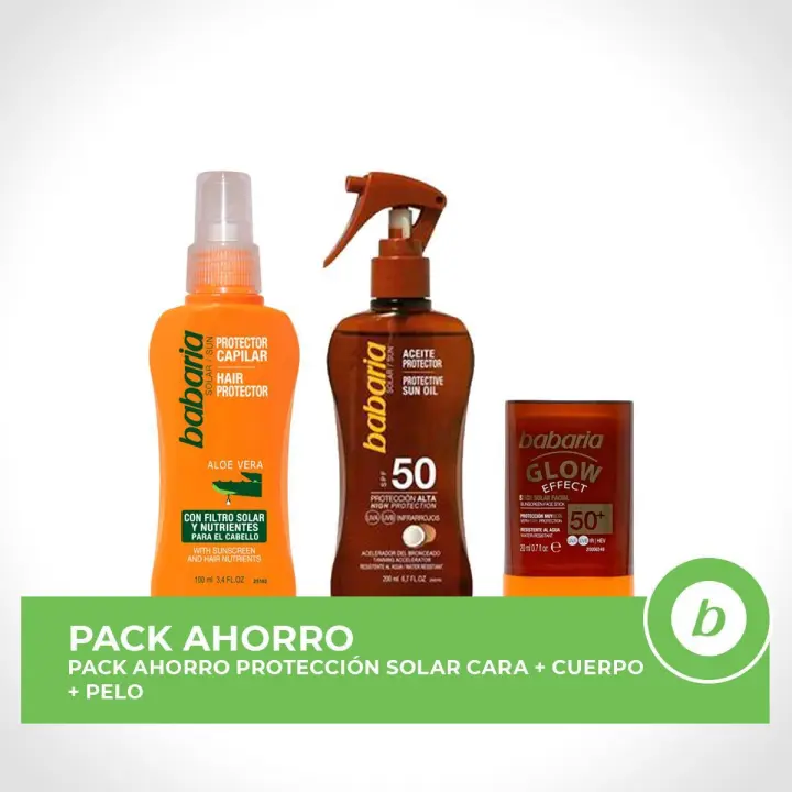 BABARIA Pack ahorro protección solar - Contiene Stick Facial Glow 20ml + Aceite Protector de Coco SPF50 200ml + Protector Capilar de Aloe 100ml - 1