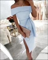 Vestido De Mujer Elegante De Verano Largo Hasta La Rodilla En Color Sólido Con Cuello En Línea Sola Y Abertura Regular - details 2
