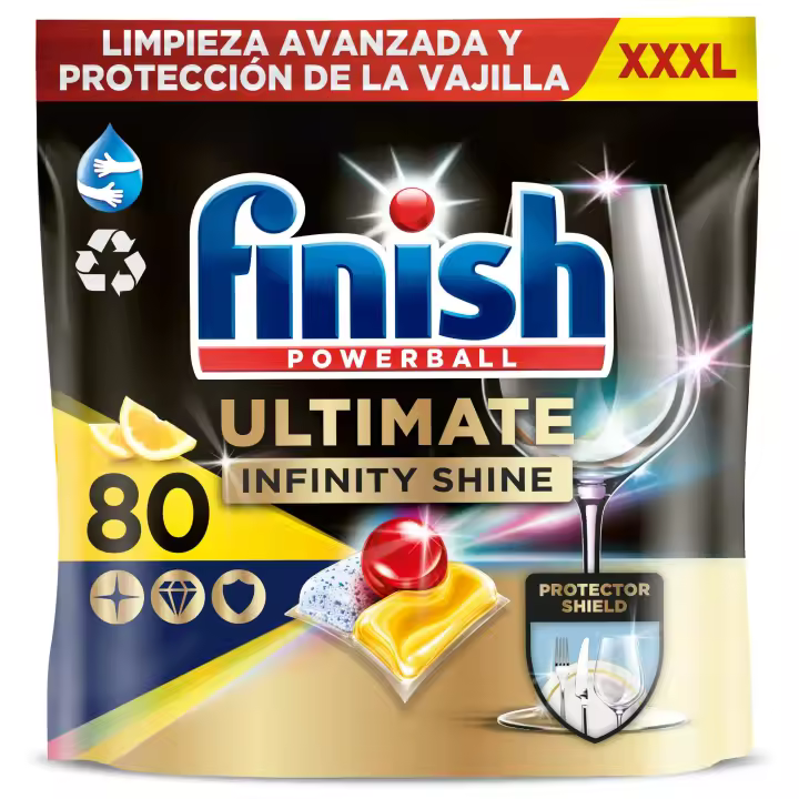 Finish - Finish Powerball Ultimate Infinity Shine, pastillas para el lavavajillas con protección de la vajilla, Limón, 80 pastillas - 1