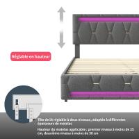 Cama tapizada capitoné con LED y USB, somier de láminas y 4 cajones de almacenamiento, gris, 140x200 cm / 160x200 cm - details 2