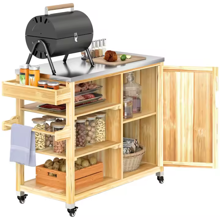 Outsunny Carrito de Parrilla Carrito de Barbacoa de Madera Carro de Servicio con 4 Ruedas Estantes Armario Encimera de Acero Inoxidable Toallero y Especiero para Jardín Patio 134,5x50x91,5 cm Natural - 1