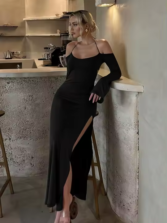 Vestido Largo De Mujer Hawthaw 2024 Manga Larga Estilo Callejero Basic Negro Bodycon Ajustado Cuello En V Sin Mangas Cierre Pullover Polyester Spandex - 1