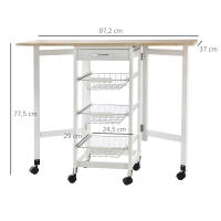 HOMCOM Carrito de Cocina Plegable Carrito Auxiliar con 6 Ruedas 1 Cajón y 3 Cesta de Metal Carro de Servicio Multifuncional para Almacenamiento Carga 50 kg 97,2x37x77,5 cm Blanco y Roble - details 2