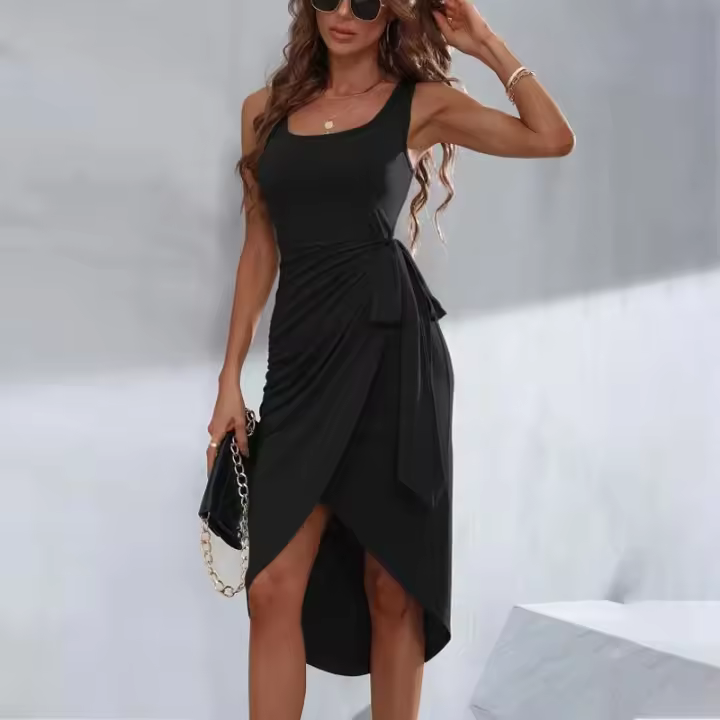 Vestido Elegante Para Oficina Para Mujer En Blanco Con Encaje Vestido De Verano Primavera Con Hombros Descubiertos Cuello Cuadrado Asa Y Abertura Midi - 1