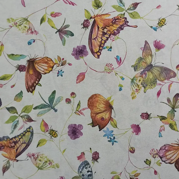 LaFábricadelasTelas - loneta estampada mariposas fucsia- tejido por metros. Ancho  2,8 metros, cortinas, cojines, manteles, bolsas, confección y decoracion. - 1