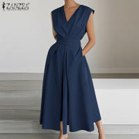 Vestido Largo Sin Mangas De Verano ZANZEA 2025 Elegante Vestido De Trabajo Para Mujer Con Botones Estilo Oficina A-Line V-Neck Polyester - details 3