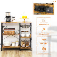 HOMCOM Estantería de Cocina Industrial Estante de Cocina con Toma de Corriente Estantes Ajustables Ganchos y Cesta Metálica 90x40x83 cm Marrón Rústico - details 3