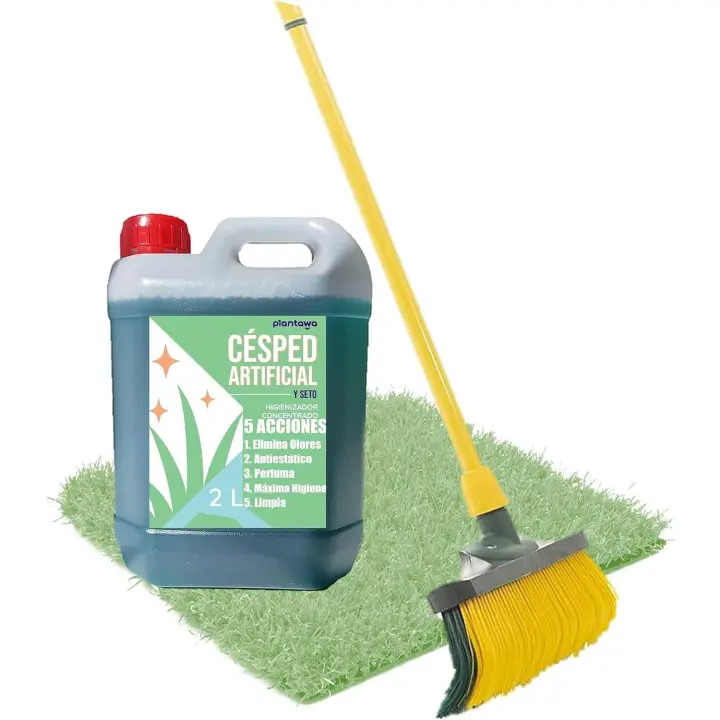 Pack Ahorro Plantawa Limpiador Cespéd Concentrado 2L + Cepillo + Mango, Cesped Artificial, Elimina Olores,Limpiador Enzimático, Larga Duración, 5 Acciones,Antiestático,Formato Ahorro, Ideal Jardín, No Tóxico - 1