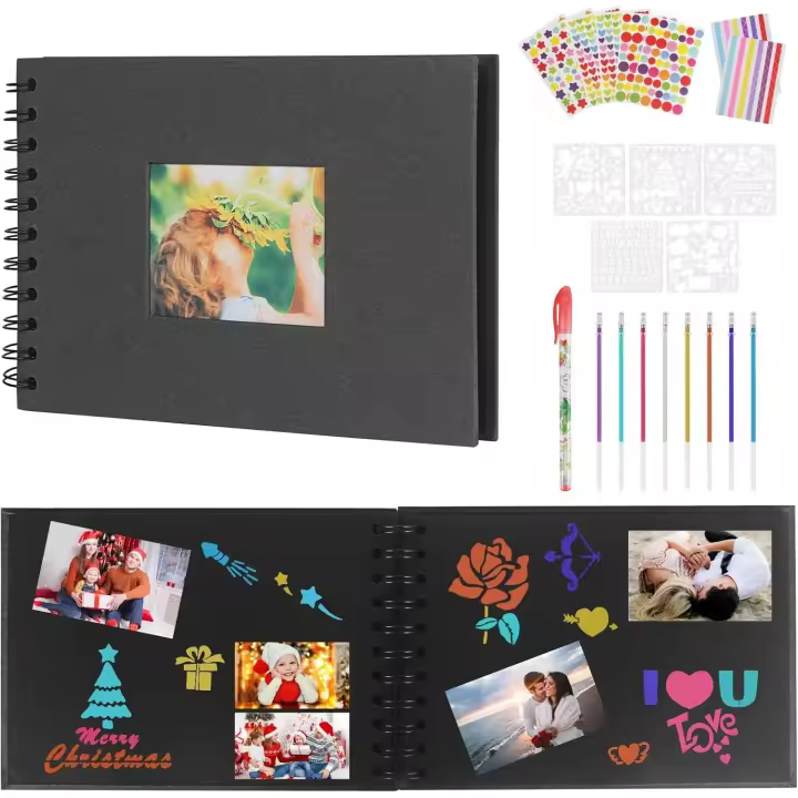 de Fotos Scrapbook, Scrapbook 60 Páginas DIY, para Pegar Fotos 21.5 x 15cm,Álbum de Fotos con 8 Bolígrafo y Plantillas de Pegatinas para Aniversario, Boda, Cumpleaños, Negro - 1