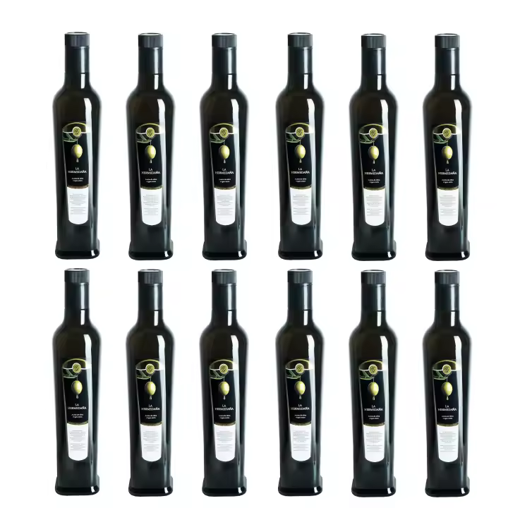 12 BOTELLAS DE CRISTAL DE 500ML (0,5L) - ACEITE DE OLIVA VIRGEN EXTRA EXCLUSIVO - PRODUCCION LIMITADA - EXTRACCION EN FRIO - MONOPARENTAL 100% ARBEQUINA  - La Hermedaña - 1
