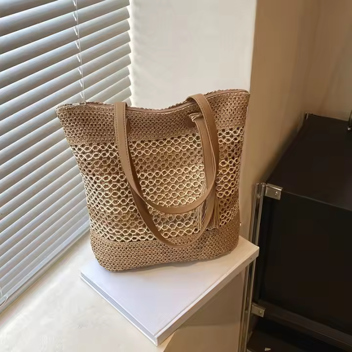 Bolso De Hombre De Paja Para Mujer De Verano De Alta Calidad Bolso De Viaje Hecho a Mano Gran Capacidad De Las Bolsas De Playa Estilo De Cesta Con Cierres De Cremallera - 1
