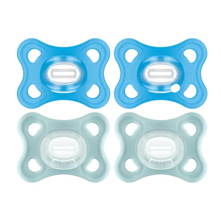 MAM PACK DE 2 Chupetes Todo Silicona, 3-12 Meses, con Tetina Simétrica, Extra Pequeña y Cuello Delgado de Silicona Skin Soft Silicone de Fácil Aceptación, con Caja Autoesterilizadora, MAM Comfort, Azul, 2uds - 1