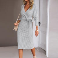 Vestido Largo De Encaje Solido Para Mujer Embarazada Con Cuello En V Y Mangas Largas Abrazador De Cintura Para Invierno Ropa Casual De Polyester Y Spandex - details 5