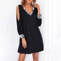 Vestido De Mujer Para Fiesta Noche V-Neck Con Lentejuelas Y Hombros Fríos Vestido Casual De Color Sólido Largo De Rodilla - details 2