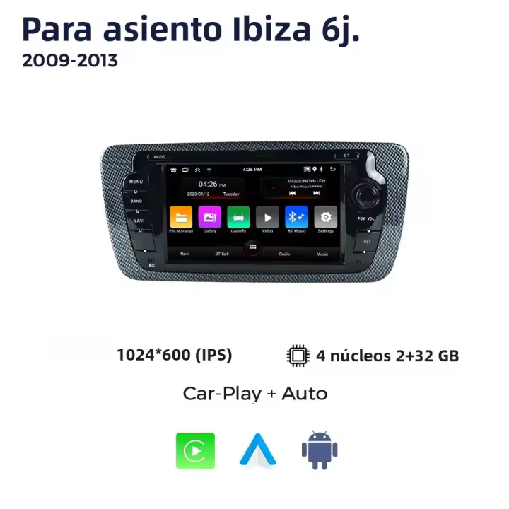 Radio De Coche Android 13 32GB Para Seat Ibiza 6j 2009-2013 Con CarPlay Pantalla Táctil 7'' Bluetooth WiFi Cámara Trasera 2Din Multimedia Auto - 1