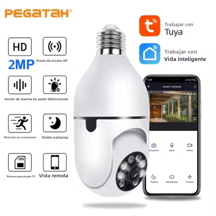 Cámara PTZ 1080P Tuya Con Visión Nocturna Y Audio Bidireccional Luz E27 WiFi Seguridad Doméstica Cámara De Vigilancia CCTV Inalámbrica - 1