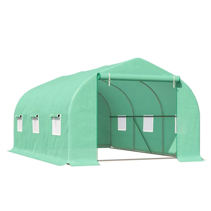 Outsunny Invernadero Caseta con 6 Ventanas Buena Ventilación Estructura de Acero Estable Gran Entrada Cremallera para Cultivo Plantas Jardín Terraza 450x300x205 cm Verde - 1