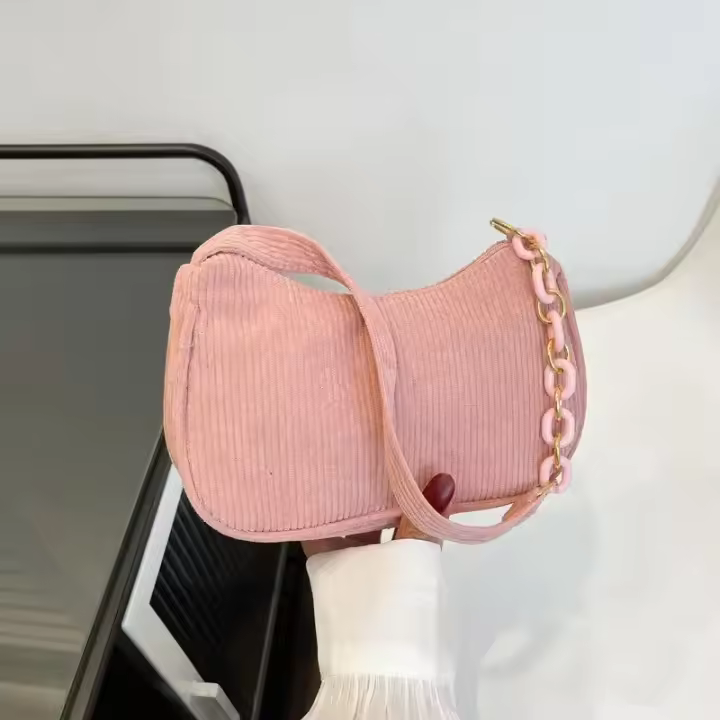 Bolso De Hombro De Corduroy Chic Con Cadena Underarm Bolso De Mano Sencillo Para Mujeres Con Cremallera Adecuado Para El Uso Diario - 1