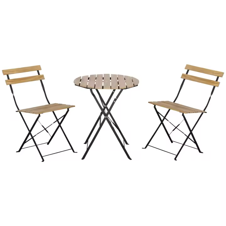 Outsunny Juego bistro 3 piezas. Juego de jardín plegable, juego de balcón, mesa bistro con 2 sillas, muebles de jardín, metal, madera de pino natural - 1