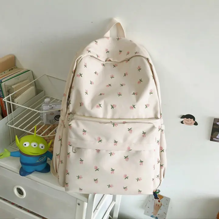Mochila Preppy De Lona Impermeable Para Mujer Estilo Floral Fashion Bolsa De Hombro Nylon Estudiante Mochila Con Cierre De Cremallera - 1