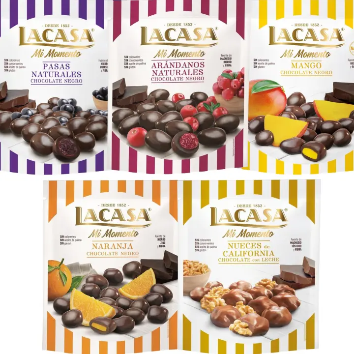 Lacasa Mi Momento pack de 5:Arándano choco Negro 125G,Nueces Leche 115G,Pasas choco Negro 150G,Naranja choco Negro 125G,Mango choco Negro 115G - 1