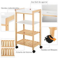 HOMCOM Carrito de Cocina Carrito de Servicio Doméstico de 4 Niveles con Una Bandeja Extraíble Estante Ruedas Universales 40x30x76 cm Blanco Madera - details 4