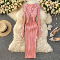 Vestido Bodycon Elegante De Mujer REALEFT Otoño Invierno 2024 Con Cinturón Y Botones De Manga Larga Estilo Casual Longitud Pierna - details 20