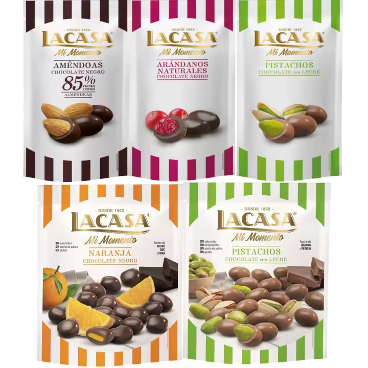 Lacasa Mi Momento pack de 5:Arándano  Negro 60 G,Pistacho  Leche 50 G,Almendra 85% 65 G,Naranja  Negro 125 G,Pistacho  Leche 100 G - 1